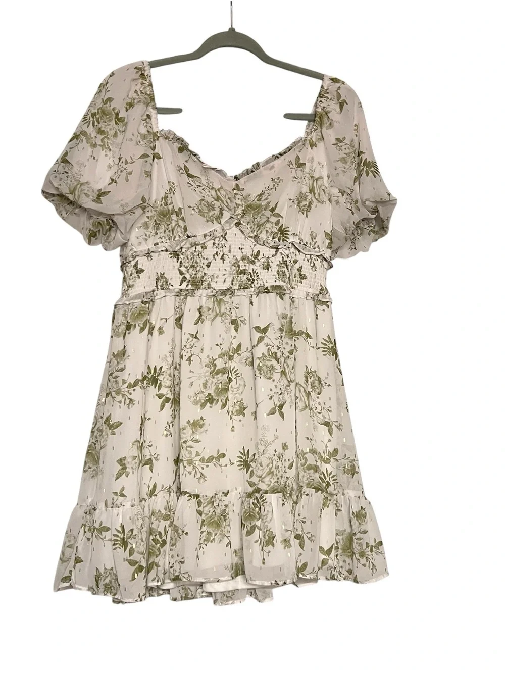 ✨ Altar’d State Sage Floral Mini Dress | Size Large | Gold Fleck Detail ✨ - Picture 2 of 9
